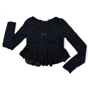 Black semi-sheer lace baby doll whimsy goth long sleeve top with ruffle hem